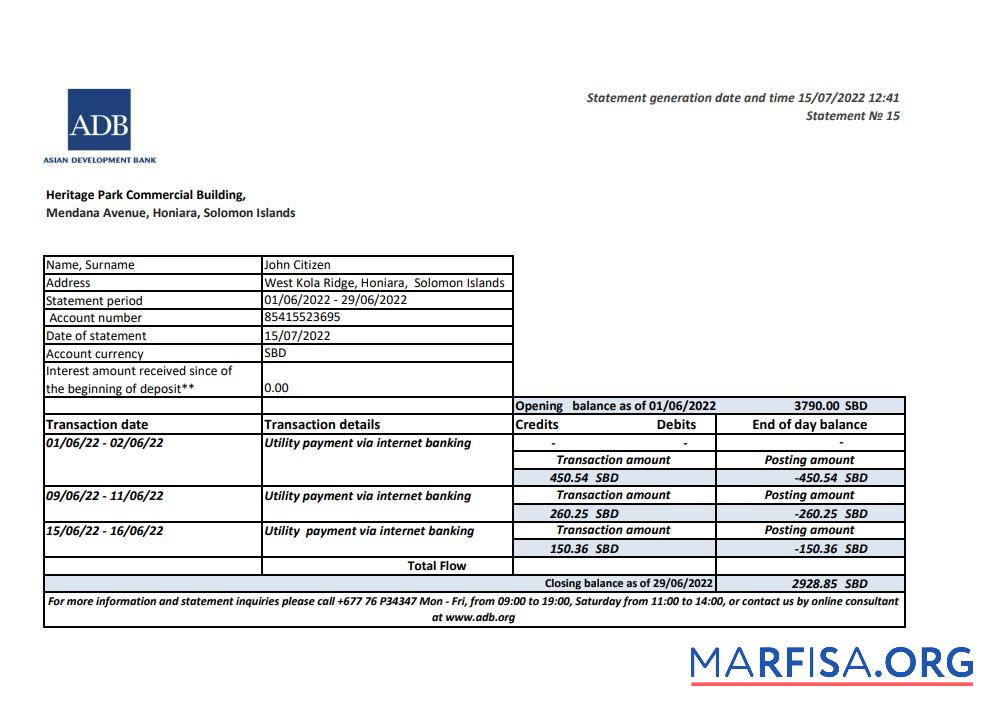 Printable Solomon Islands ADB bank statement excel sample